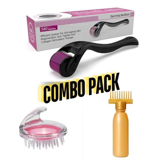 Combo Pack: Derma Roller + Hair Oil Applicator Bottle + Scalp Massager